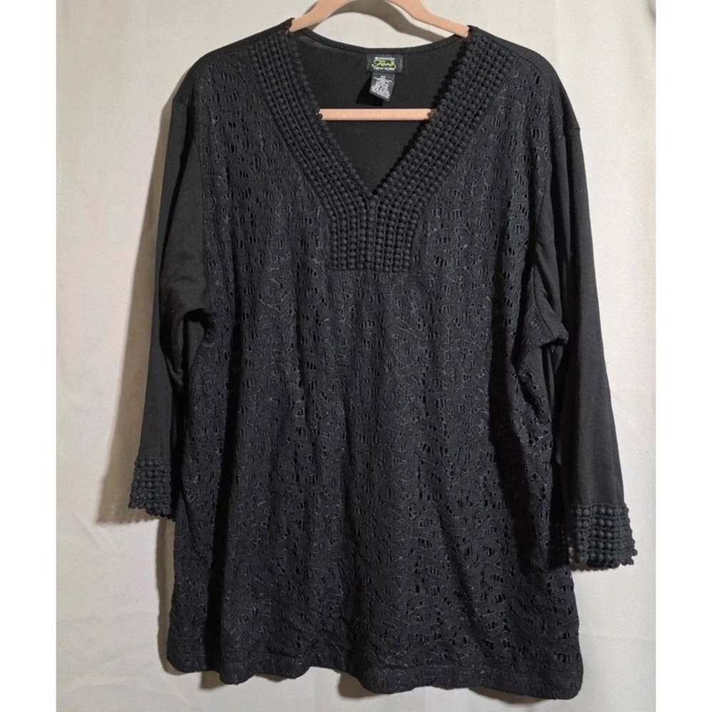 Shannon Ford New York Black Lace Front Tunic Top Crochet Trim 2X